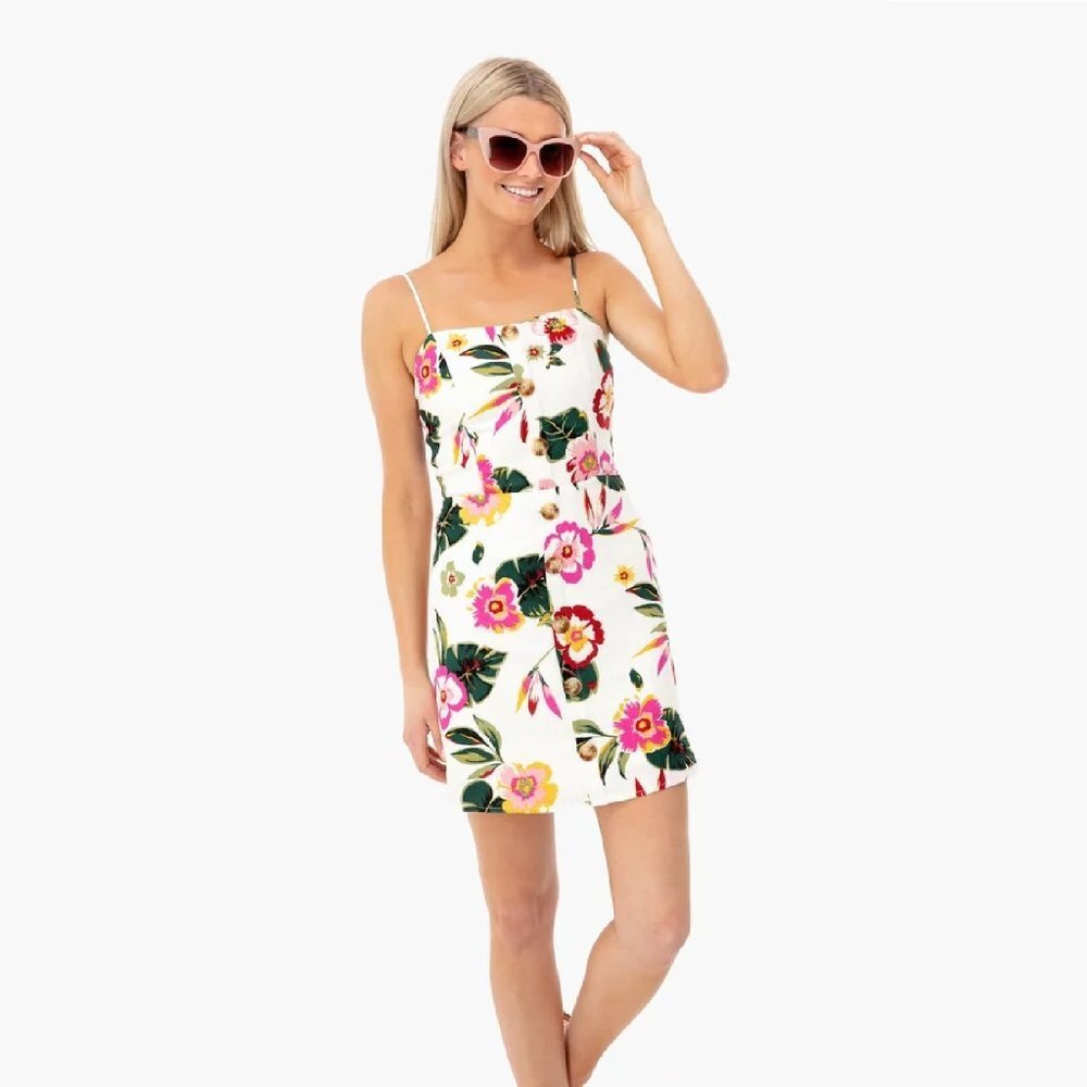 JOA Women's Pink Floral Mini Dress Sleeveless Mini Button Front Belt Linen sz L